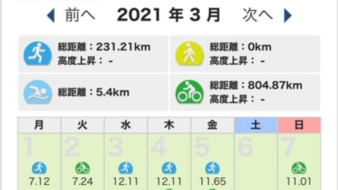 トレーニング月間記録 2021年3月