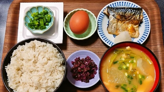 家で朝ごはん(麦ごはんにサバの塩焼、生卵、納豆、かぶと油揚げのみそ汁、刻みしば漬け)(2025年5月24日)