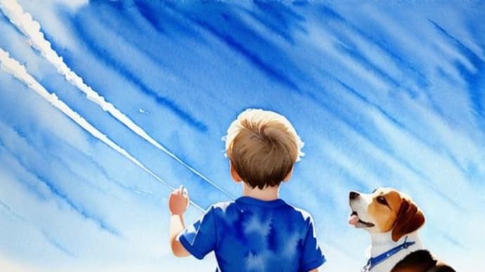 飛行機雲と飛行機　どこまでも続く青い空　見上げる子供と犬