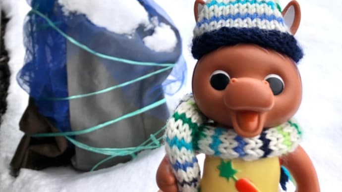 ロバくんと積もってきた庭の雪