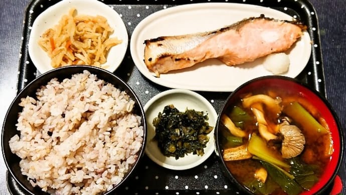 家で朝ごはん(十六穀ごはんに銀鮭粕漬、切り干し大根、赤だしの江戸菜と平茸のみそ汁、広島菜漬)(2023年1月7日)