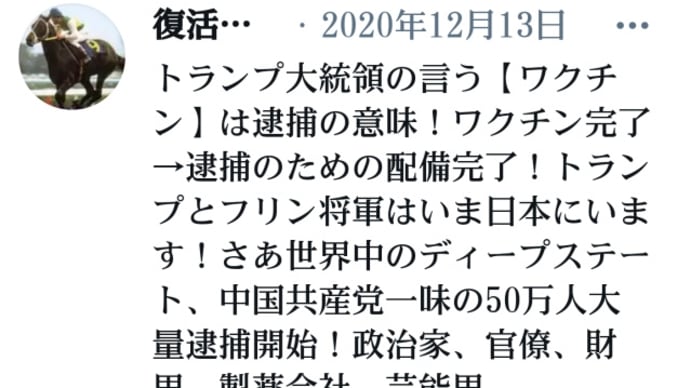 トランプ大統領の言う【ワクチン】は逮捕の意味!ワクチン完了→逮捕のための配備完了!日本、世界中のディープステート、中国共産党一味の50万人大量逮捕開始!政治家、官僚、財界、メディア、製薬会社、芸能界