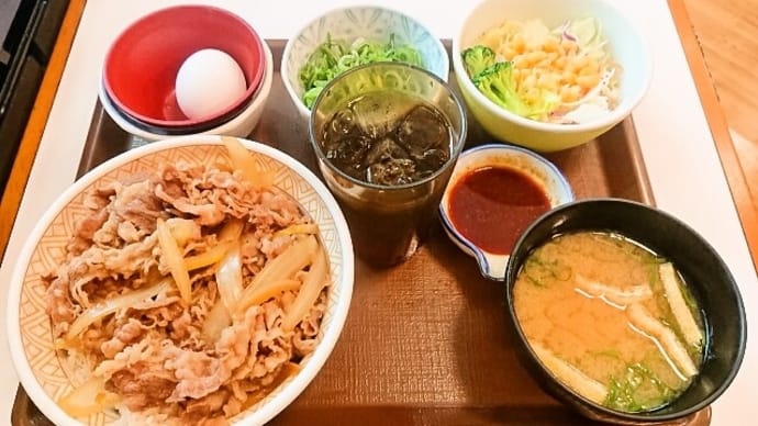 すき家(新川永代橋店)で牛丼ランチセット(大盛)+トッピング(2020年5月21日)