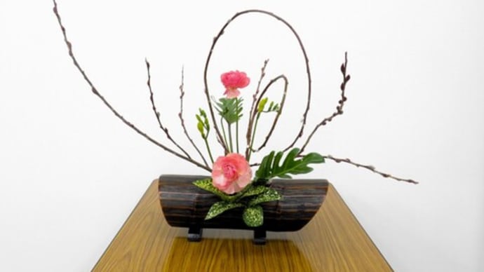 アカメヤナギの線とクッカバラ（葉）の面・・レナンキュラスを添えて自由花