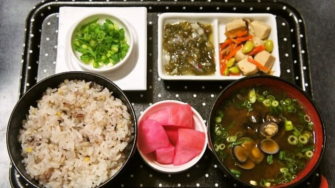 家で朝ご飯(十六穀ご飯に高野豆腐、めかぶ入りたこわさび、納豆、しじみ汁、赤かぶ漬)(2022年1月30日)