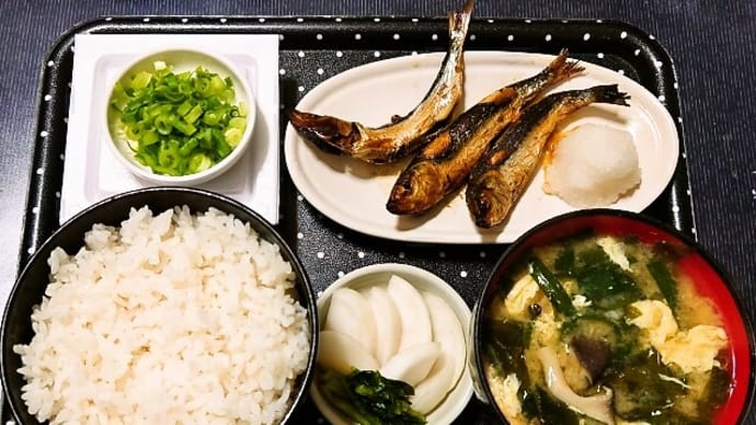 家で朝ごはん(ごはんに目刺、納豆、ニラと玉子と平茸のみそ汁、かぶの浅漬)(2023年3月1日)