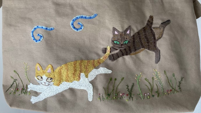 猫刺繍帆布のトート