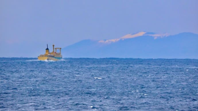 伊豆大島三原山の冠雪と橘丸🚢