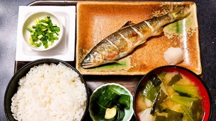 家で朝ごはん(ごはん、鮎の塩焼き、納豆、かぶとわかめのみそ汁、なすときゅうりの漬物)(2024年6月23日)