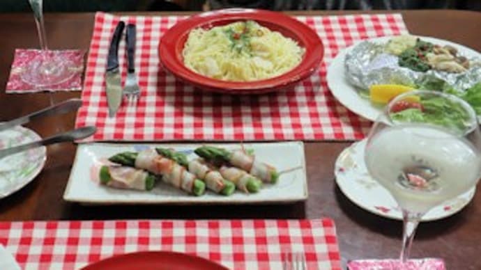 ホタテ缶パスタと鯛のホイル焼
