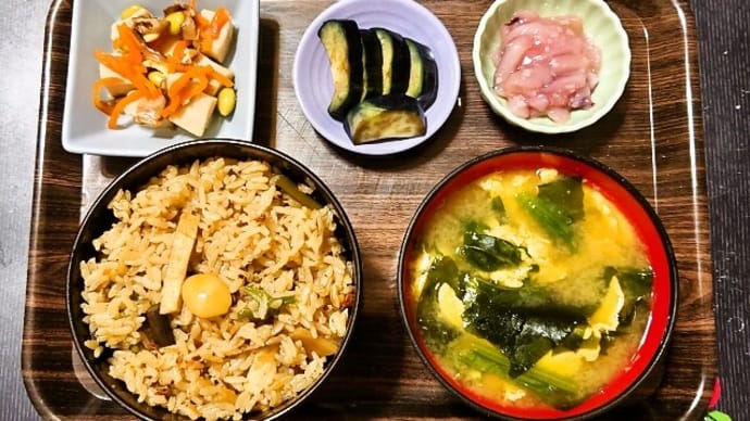 家で朝ごはん(炊き込みご飯、いかこうじ漬、茄子の漬物、高野豆腐、ほうれん草と卵のみそ汁)(2024年6月18日)