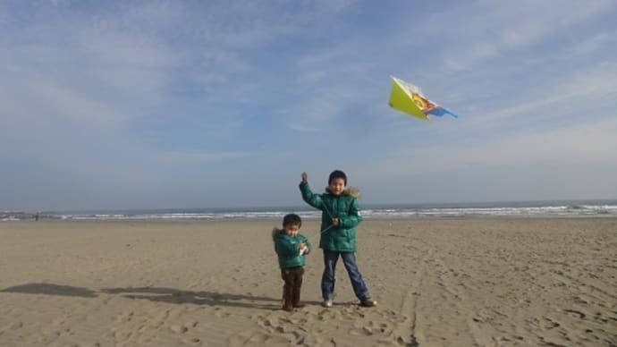 海辺で凧揚げ
