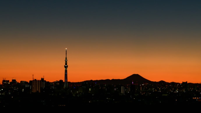 夕陽とスカイツリー、おまけに富士山