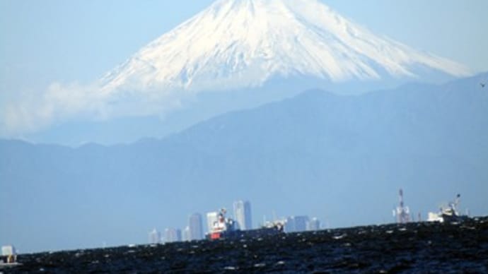東京湾を挟んで富士山を見る