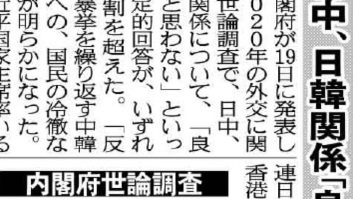 日中関係や日韓関係は中韓両国の極左反日反米政策で最悪の世論調査、因果応報の当たり前の事です！！