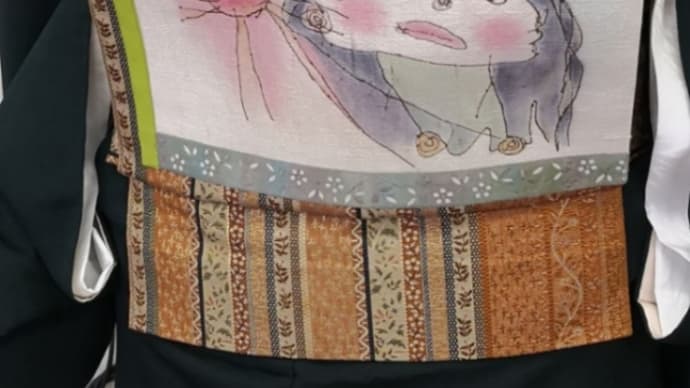 ちいさな絵描きびとをメインにしたパッチワーク作り帯 こどもの絵を染色します!