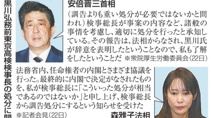 黒川氏処分、首相官邸が実質決定法務省は懲戒と判断、軽い訓告に