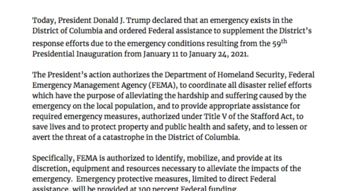 ワシントン、緊急事態宣言:国土安全保障省(DHS)連邦緊急事態管理庁(FEMA)に権限。チャド・ウルフ氏辞任/大統領令13848号:大統領選に影響を及ぼそうとしたウクライナのデルカッチ氏らに制裁
