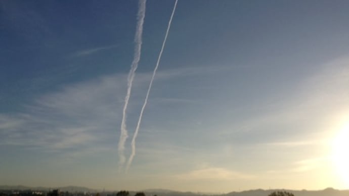 何なの、ジェット機の飛行機雲が二発。