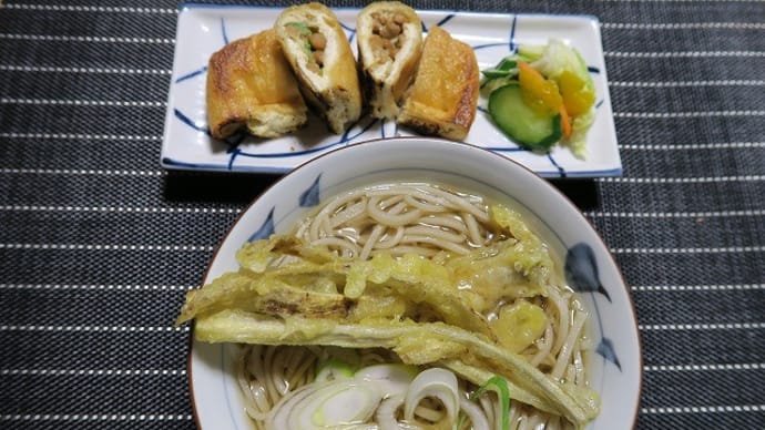 ごぼ天蕎麦といつもの油揚げ納豆包焼、炊屋食堂の田舎蕎麦・・・田舎の味。
