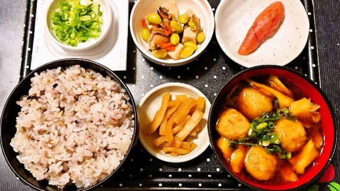 家で朝ご飯(十六穀ごはんに辛子明太子、高野豆腐、納豆、赤だしのつみれ汁、割干大根漬)(2024年2月5日)
