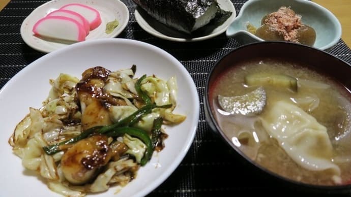 田舎定食、ホタテとキャベツのoyster炒め、炊屋食堂の質素倹約一汁三菜、簡単安く旨く・・・庶民の味。