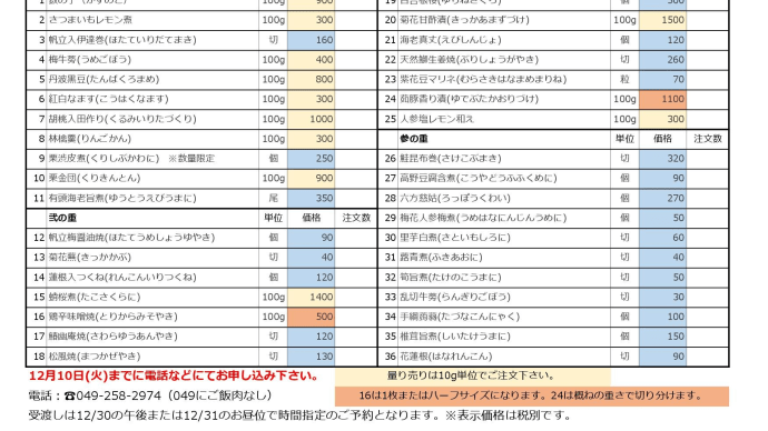 2019年末バラ売りお節～価格決定したので注文お待ちします