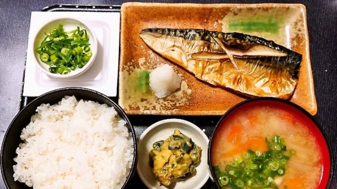 家で朝ご飯(石川県珠洲市産コシヒカリ、さば塩焼き、納豆、野菜のみそ汁、なす辛子漬)(2024年3月31日)