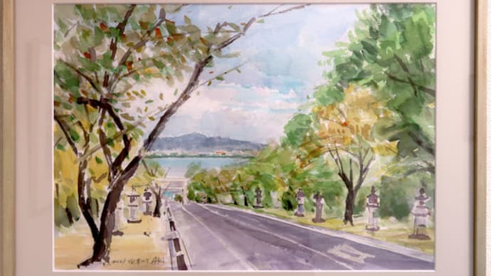 水彩画「滋賀坂本の街より　琵琶湖を望む」