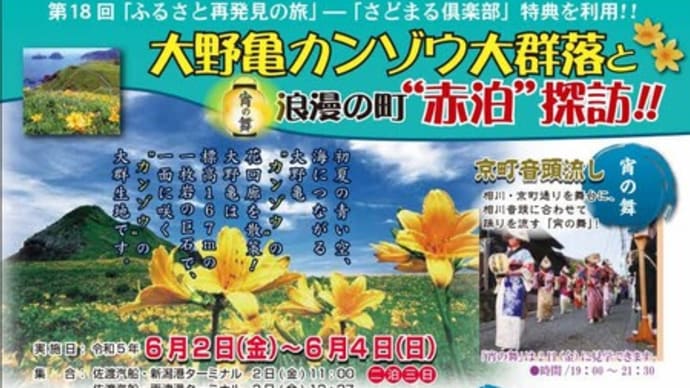 春の佐渡を満喫!!「大野亀のカンゾウ」、「相川・宵の舞」、「浪漫の街・赤泊」散策を楽しむ 「第18回ふるさと再発見の旅」参加者募集開始