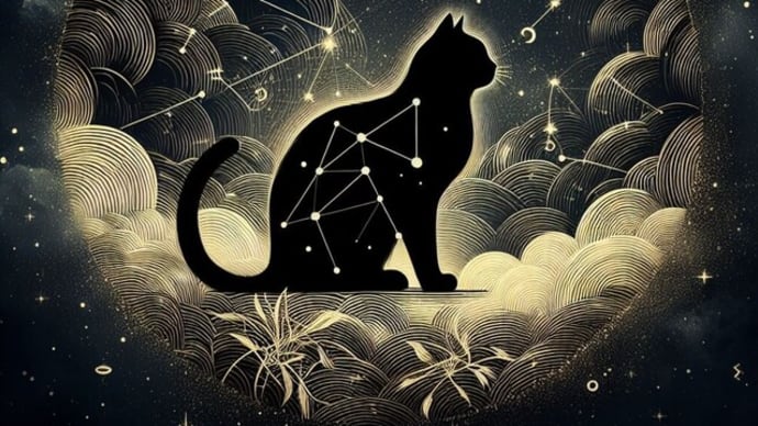 星と月が描かれた星空を背景にした繊細で神秘的な猫のシルエット
