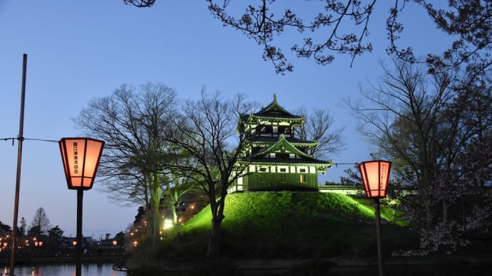 さくら狩り 新潟県上越市 日本三大夜桜 第97回高田城址公園観桜会(6)ウクライナカラーのライトアップ開始