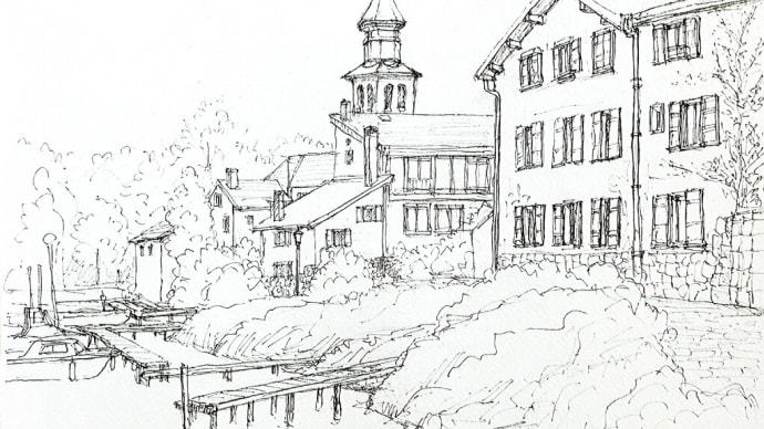 今日の絵は「教会のある風景」のペン描き下絵です