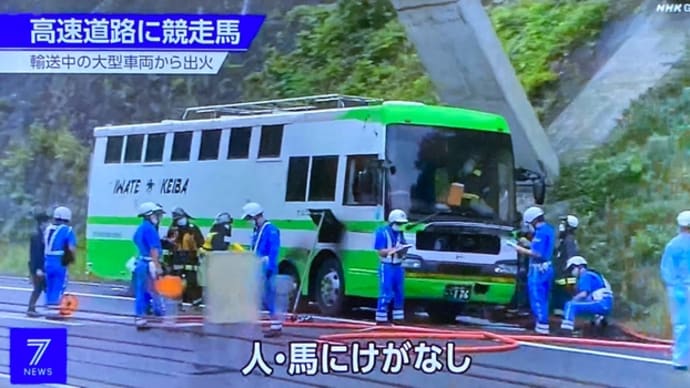 岩手の東北道で馬匹輸送車が出火 競走馬を車外に退避させる