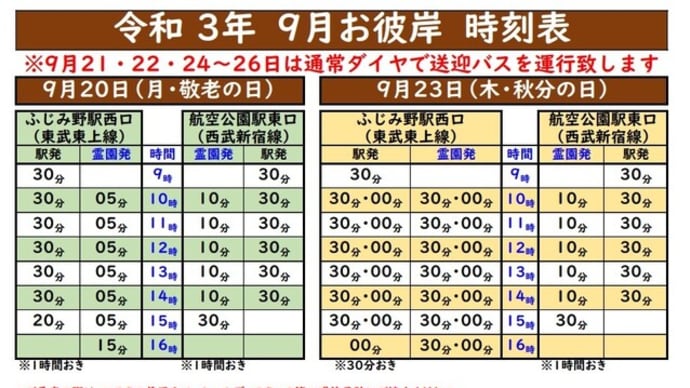 令和3年秋彼岸バス時刻表