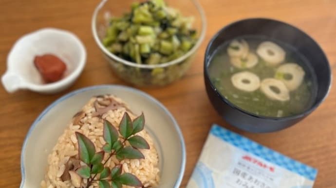 鶏ごぼう飯のおにぎりとあおさのみそ汁
