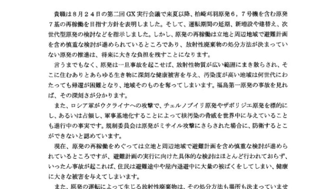 政府が第二回GX実行会議で打ち出した原発再稼働と原発の新増設などの原発推進政策に撤回を求める要望書を提出しました