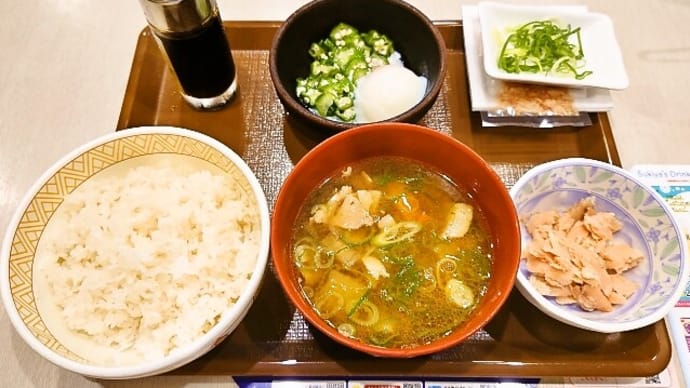 すき家(浦安駅前店)で納豆・鮭ほぐしのっけ朝食+とん汁変更(2022年7月13日)