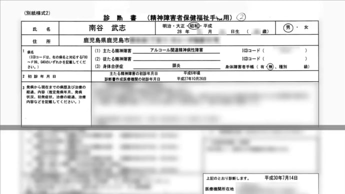 【診断書】(精神障害者手帳用)〜直近の精神科医S病院A医師による