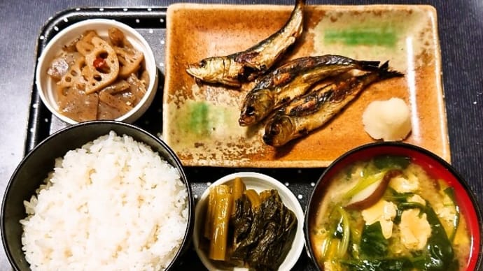 家で朝ご飯(ごはんは新潟県産こしいぶき、めざし、こんにゃくとレンコン煮、ほうれん草と玉子のみそ汁、野沢菜漬(たまり漬))(2024年2月29日)