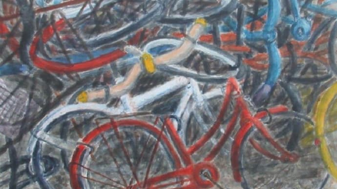 楽描き水彩画「中古自転車とパーツの山」