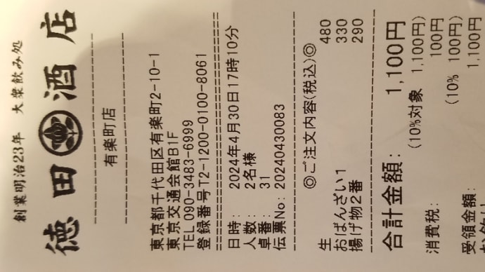 「徳田酒店」でチョイ呑み1100円@有楽町交通会館