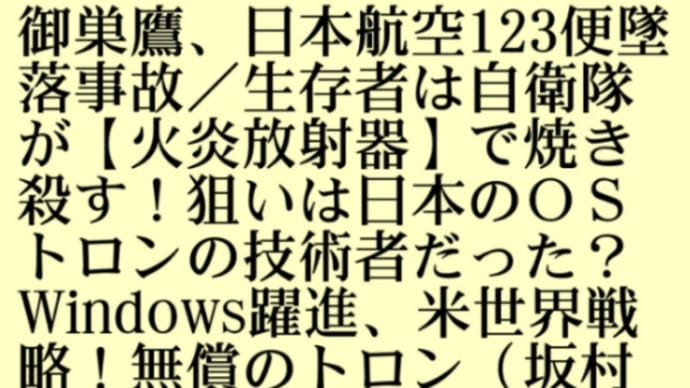 御巣鷹、日本航空123便墜落事故/生存者は自衛隊が【火炎放射器】で焼き殺す!狙いは日本のOSトロンの技術者だった?Windows躍進、米世界戦略!無償のトロンが完成していればマイクロソフトの躍進は