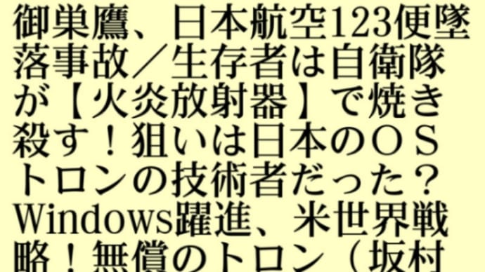 御巣鷹、日本航空123便墜落事故／生存者は自衛隊が【火炎放射器】で焼き殺す！狙いは日本のＯＳトロンの技術者だった？Windows躍進、米世界戦略！無償のトロンが完成していればマイクロソフトの躍進は