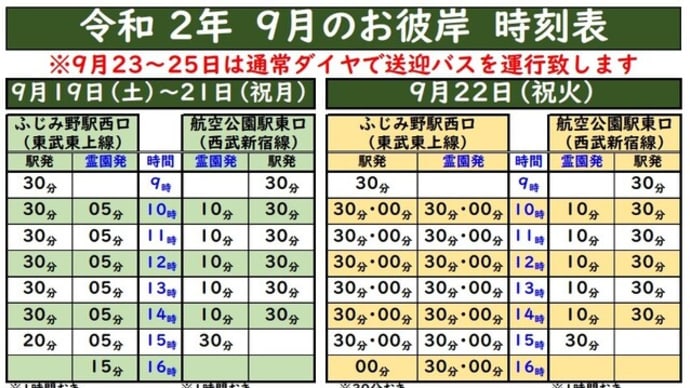 令和2年秋彼岸無料送迎バスの御案内