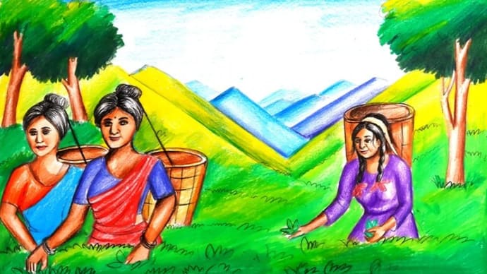 How to Draw a Tea Garden Scenery for Beginners | Drawing Tea Garden | চাপাতা তোলার দৃশ্য অঙ্কন
