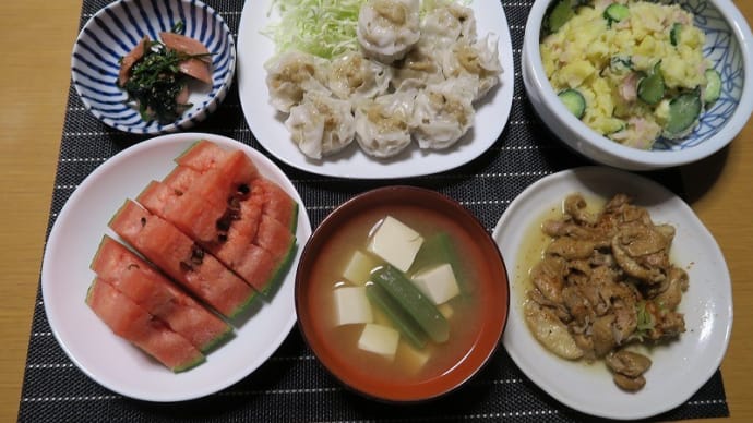 しゅうまいとポテサラ、簡単安く旨く、大衆食堂炊屋の晩めし定食・・・久しぶりに幸楽苑、