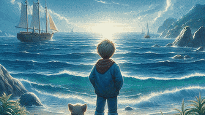 海を見つめる少年と愛犬