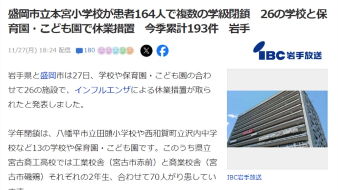 岩手県と盛岡市の小中学校、保育園で学級閉鎖や休業措置が相次ぐ。原因はワクチンです。