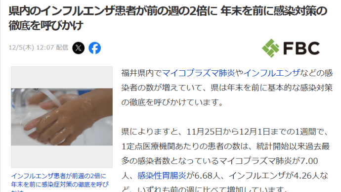 福井県でマイコプラズマ肺炎、インフルエンザ患者が急増中。